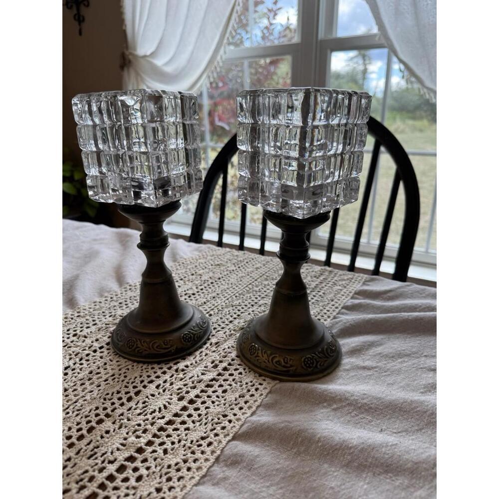 Vintage Toleware Cube Cut Crystal Metal Candle Holders Art Deco Rustic Farmhouse